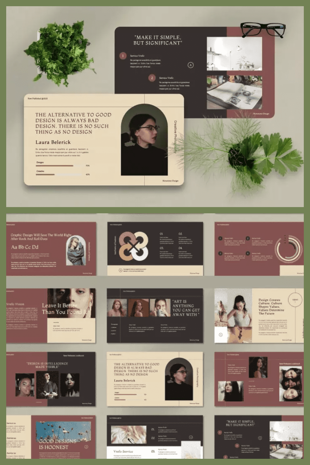 Collage of template pages in burgundy and dark color with large photos.
