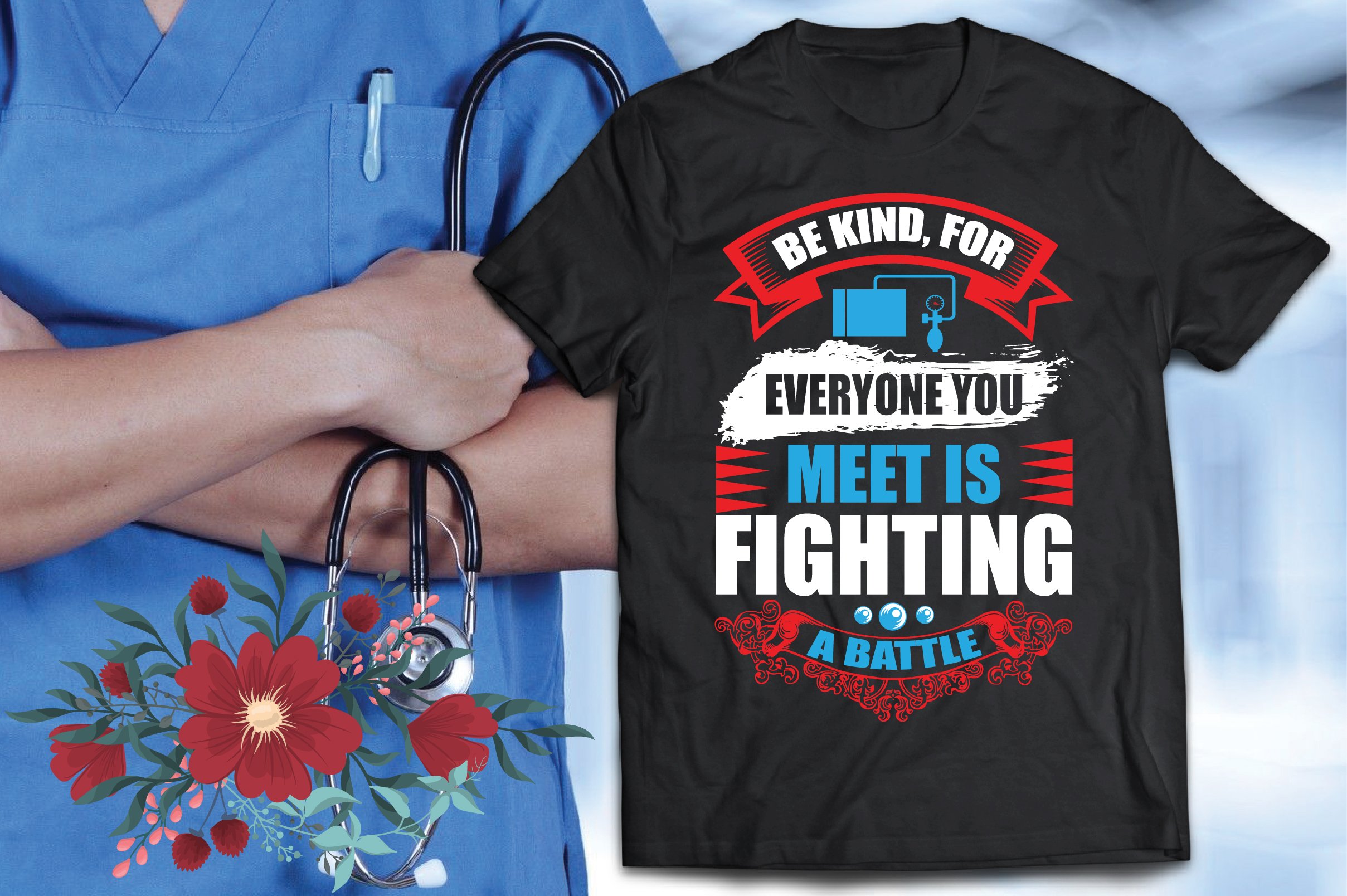 Nurse illustration in red, blue and white colors on the dark t-shirt.