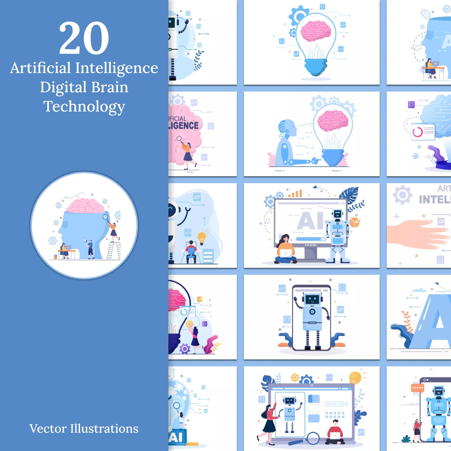 Artificial Intelligence Digital Brain Technology Vector Illustrations.