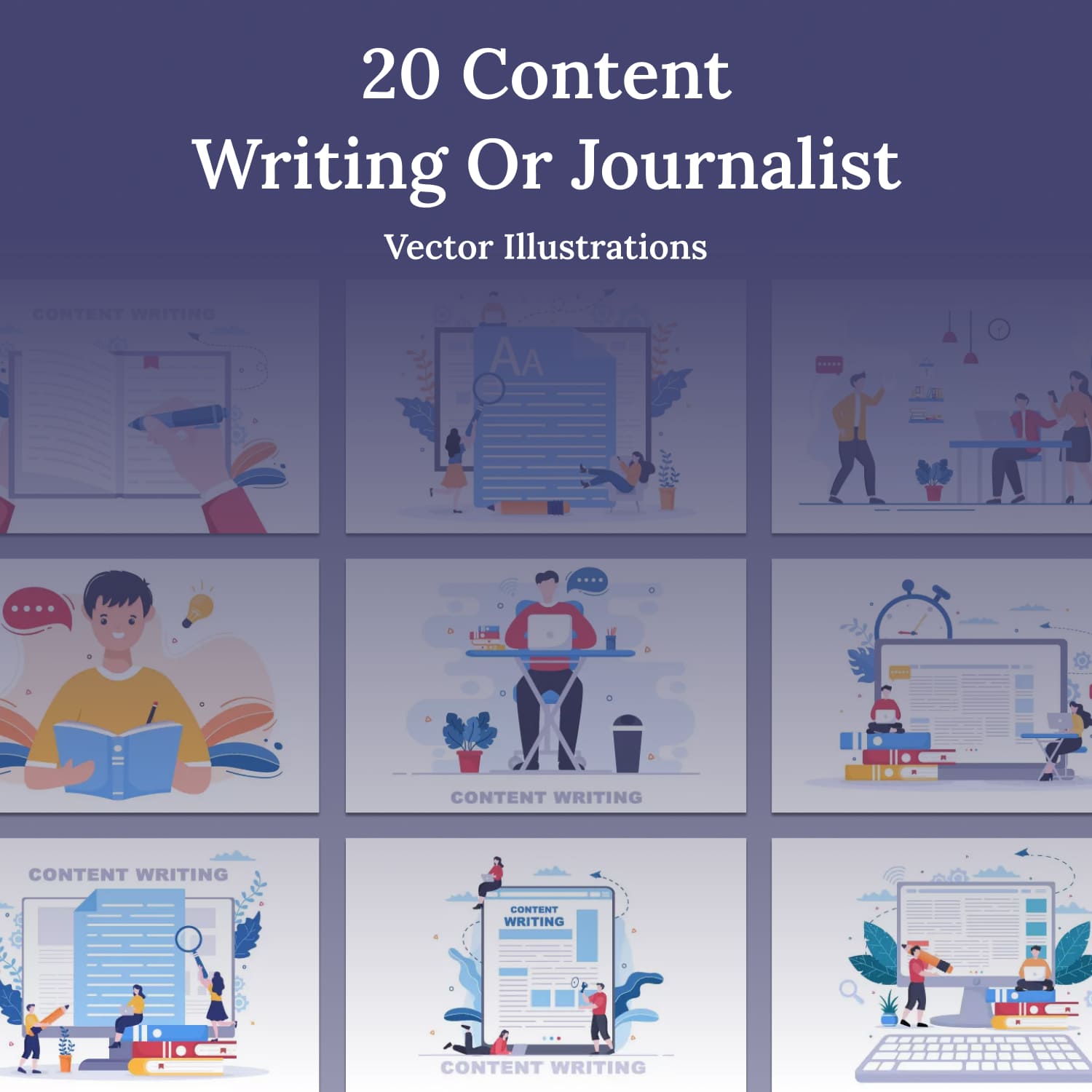 20 Content Writing or Journalist Vector Illustrations.