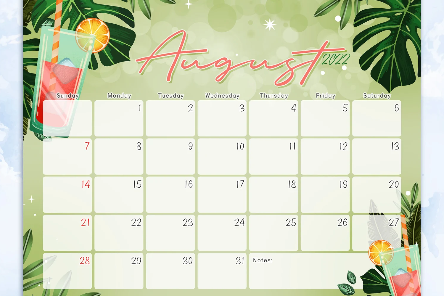 Calendar with palm trees and cold drinks on a green background.