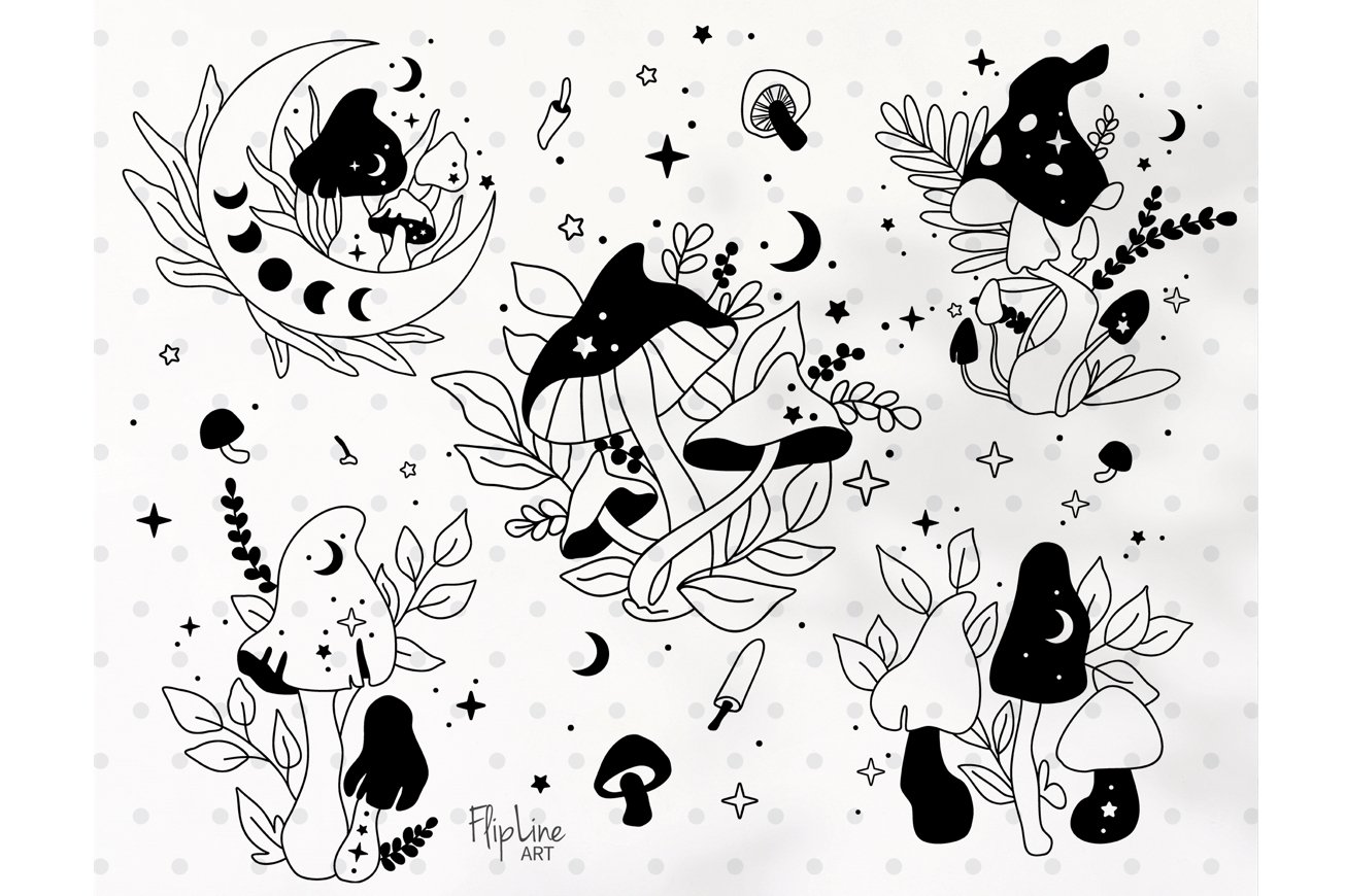Black elements for magic mushroom illustration.