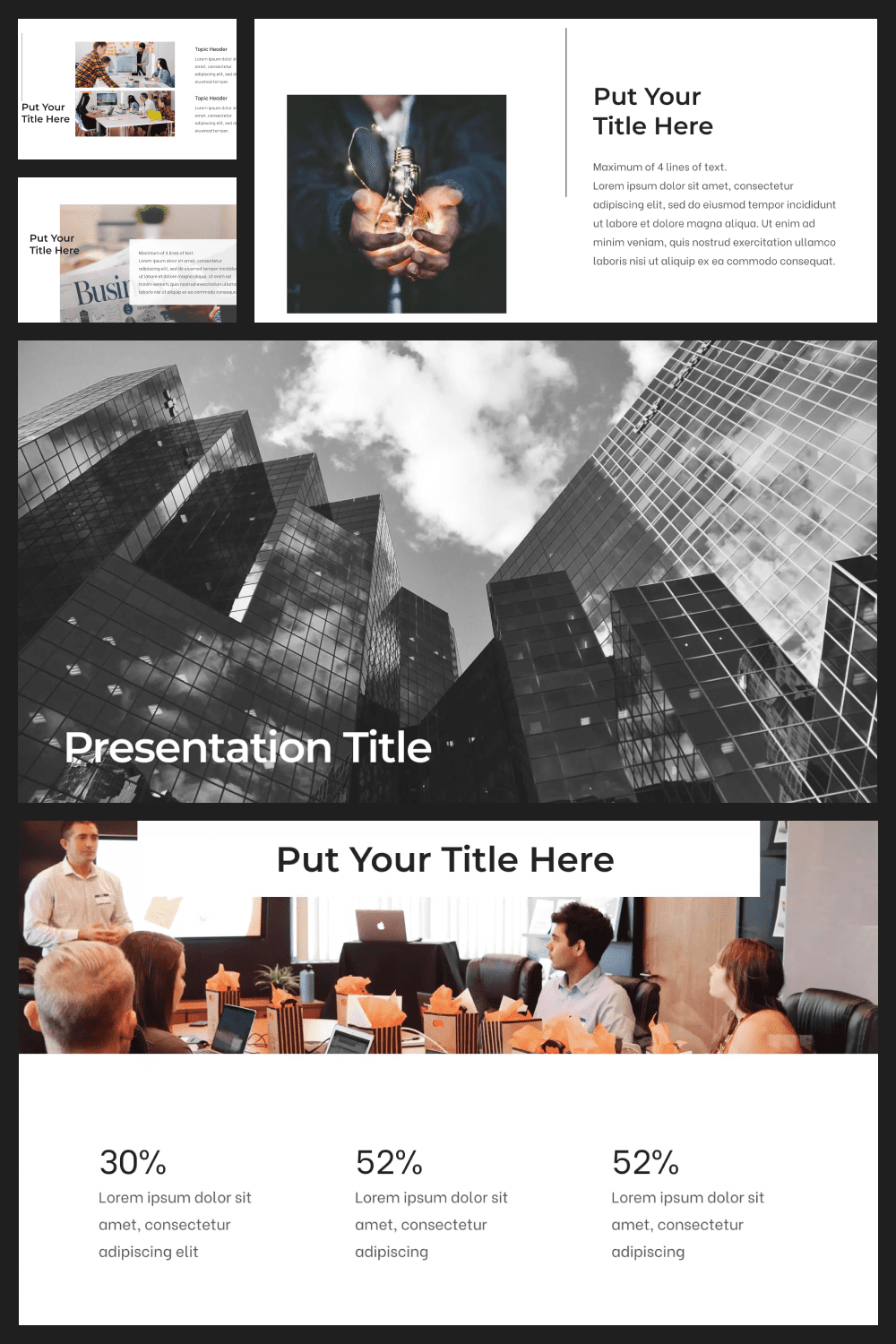 Collage of template pages with white background, skyscrapers and office photos.