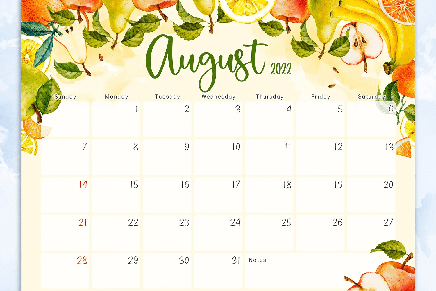 Calendar with watercolor fruits on yellow background.