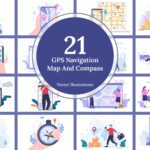 21 GPS Navigation Map and Compass Vector Illustrations.