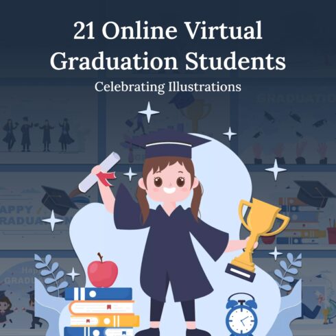 Online Virtual Graduation Students Celebrating Illustrations.