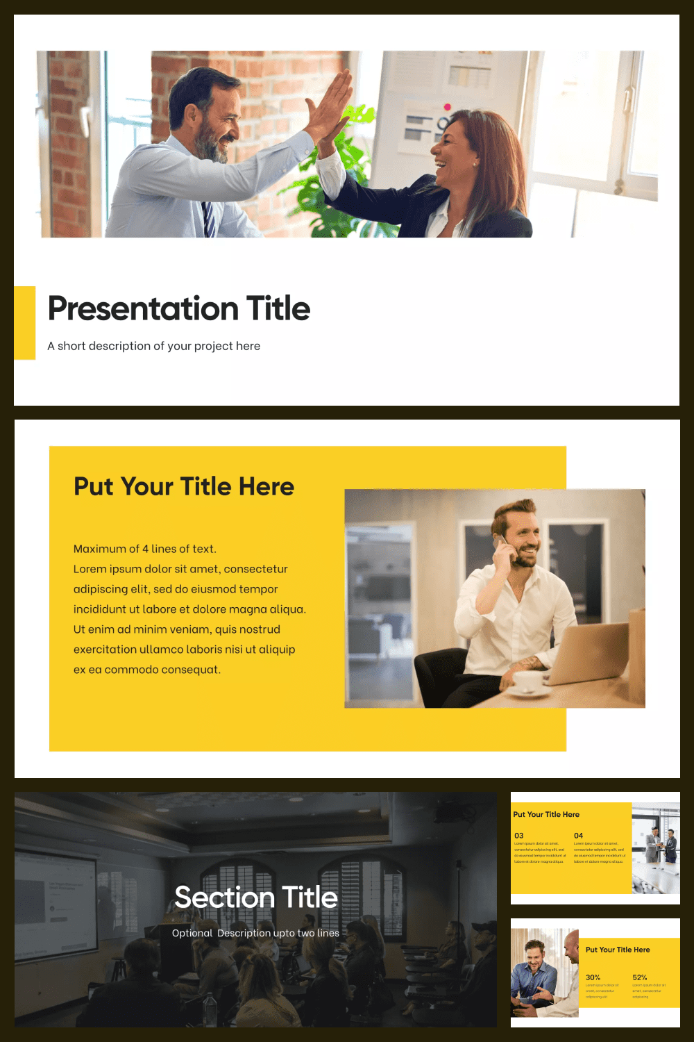 Collage of template pages with white background, yellow backing and close-ups of people.