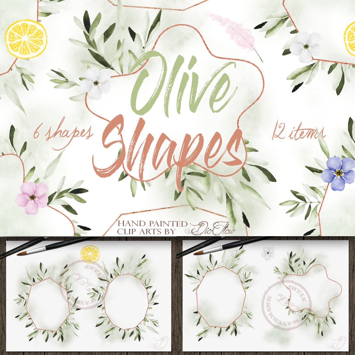 Olive Shapes Watercolor Clip Art.