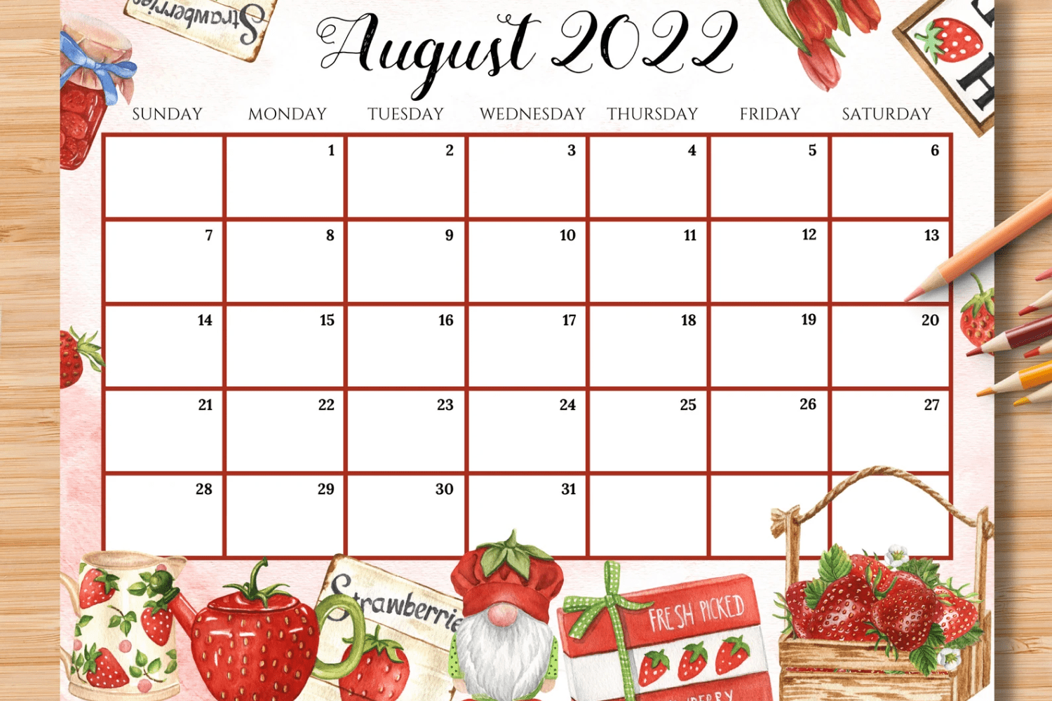 Calendar with drawn strawberries and teapot.
