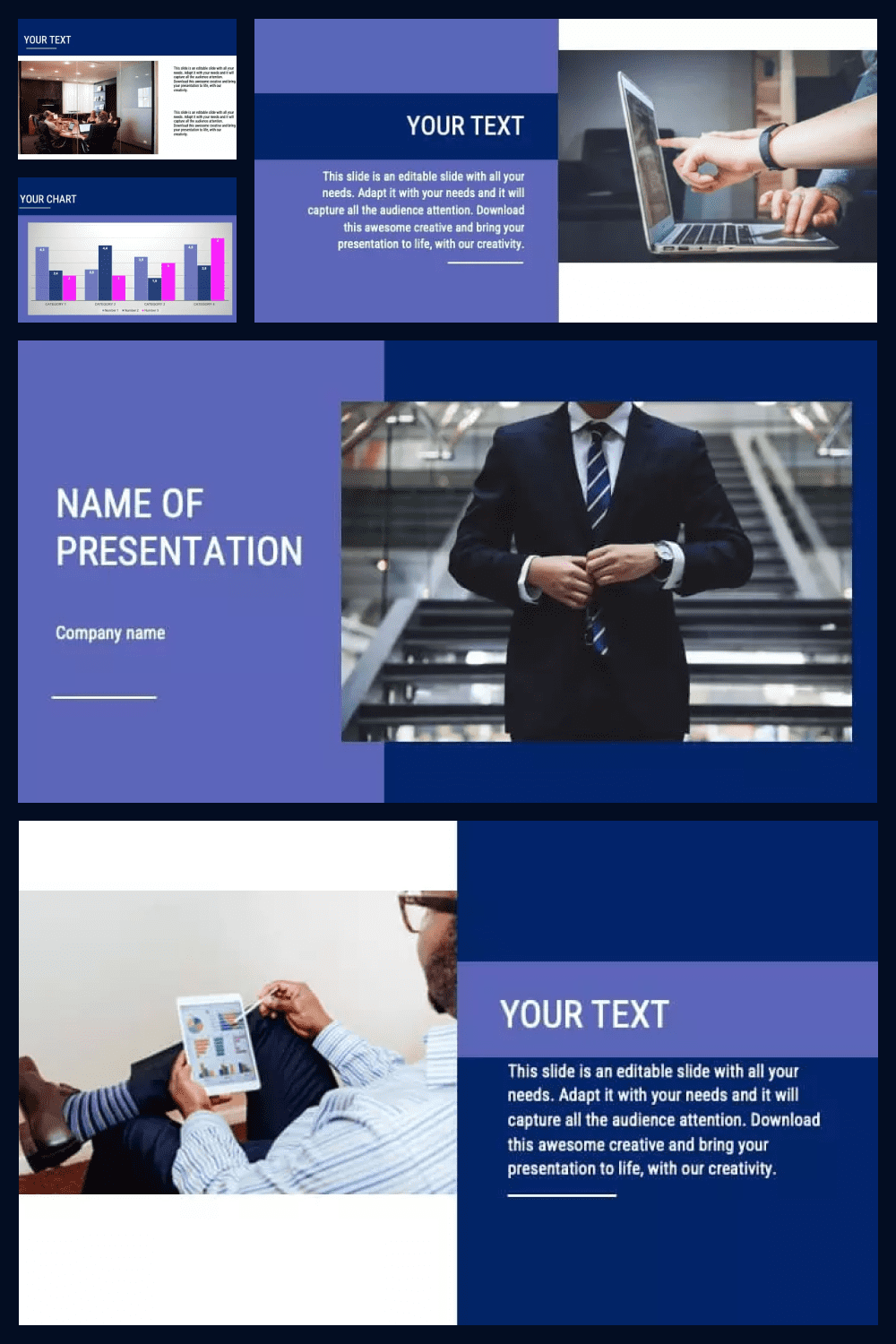 Collage of template pages with blue background, photos of a man in a suit, computers and infographics.