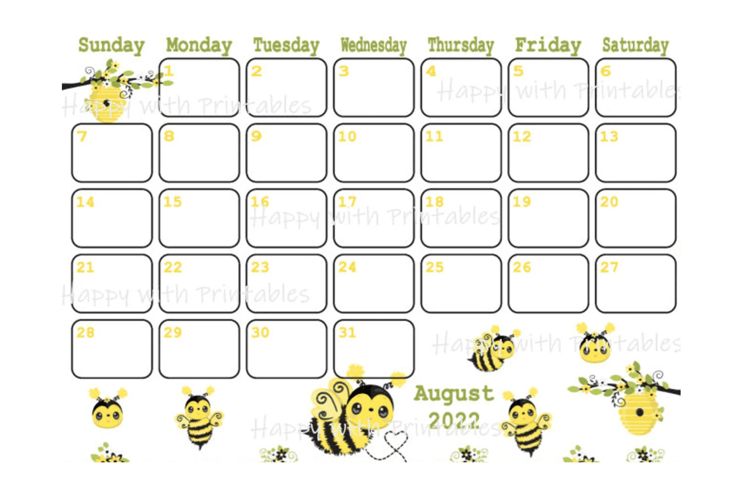 Calendar with cute bees in different places.
