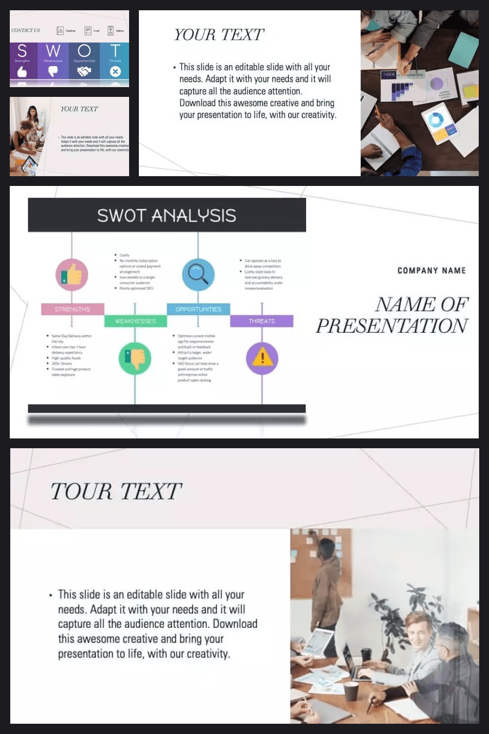 Collage of template pages with white background, office photos and infographics.