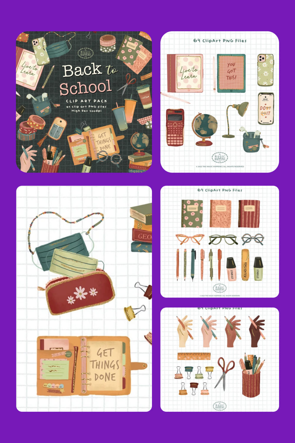 Collage with a hand-drawn aesthetic style school supplies.
