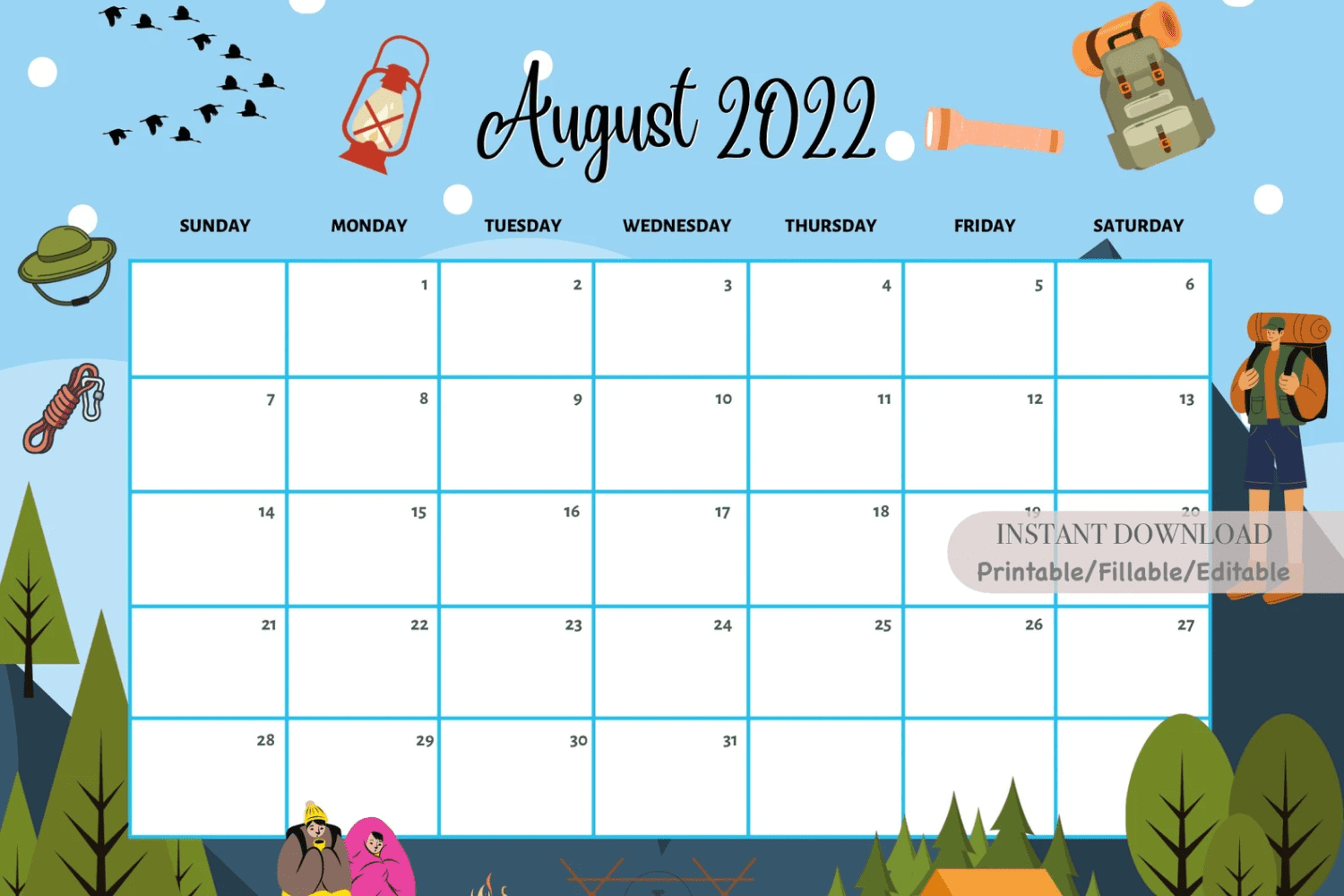 Calendar with images of items for camping on the background of mountains.