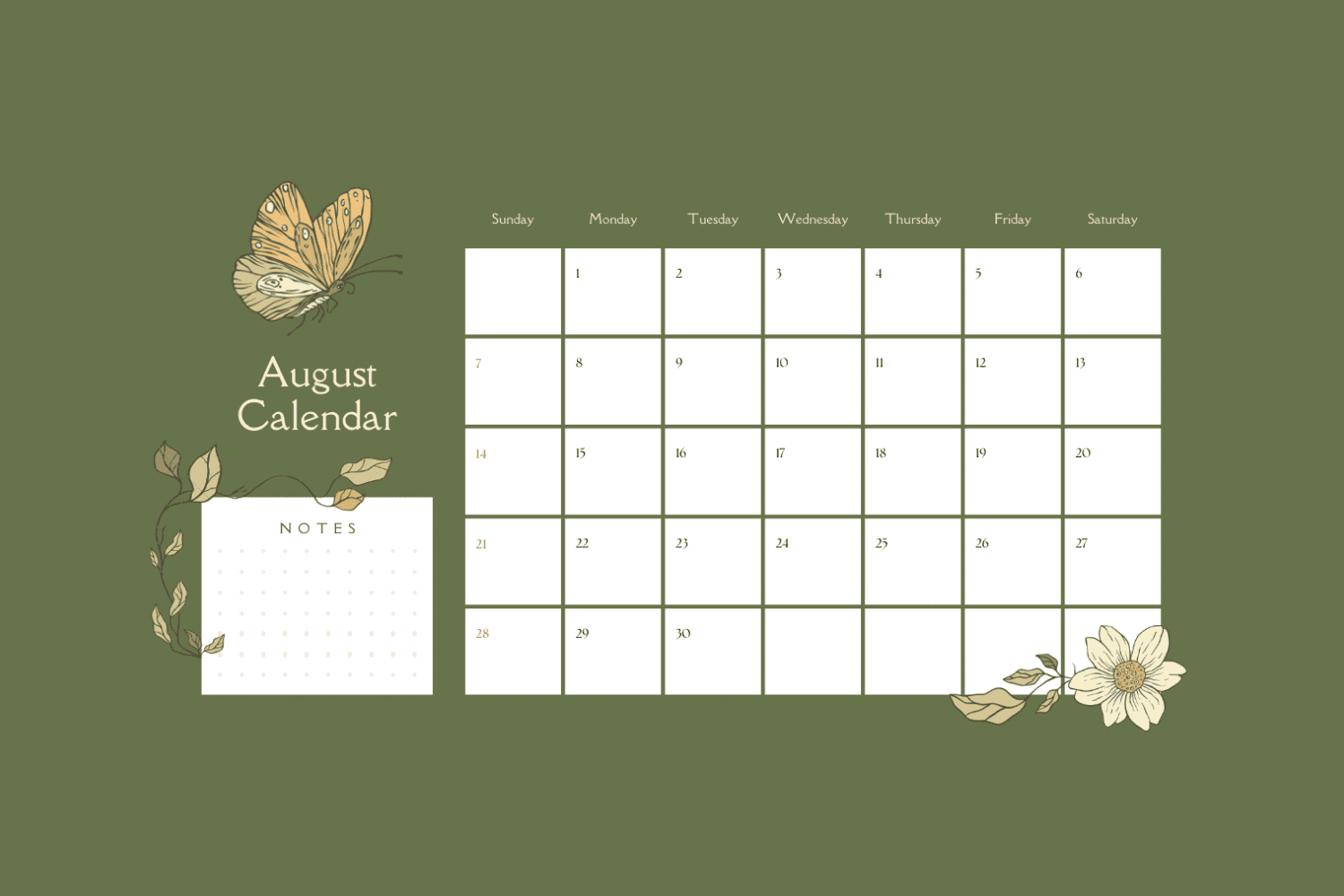 Calendar with images of butterflies and flowers on a green background.