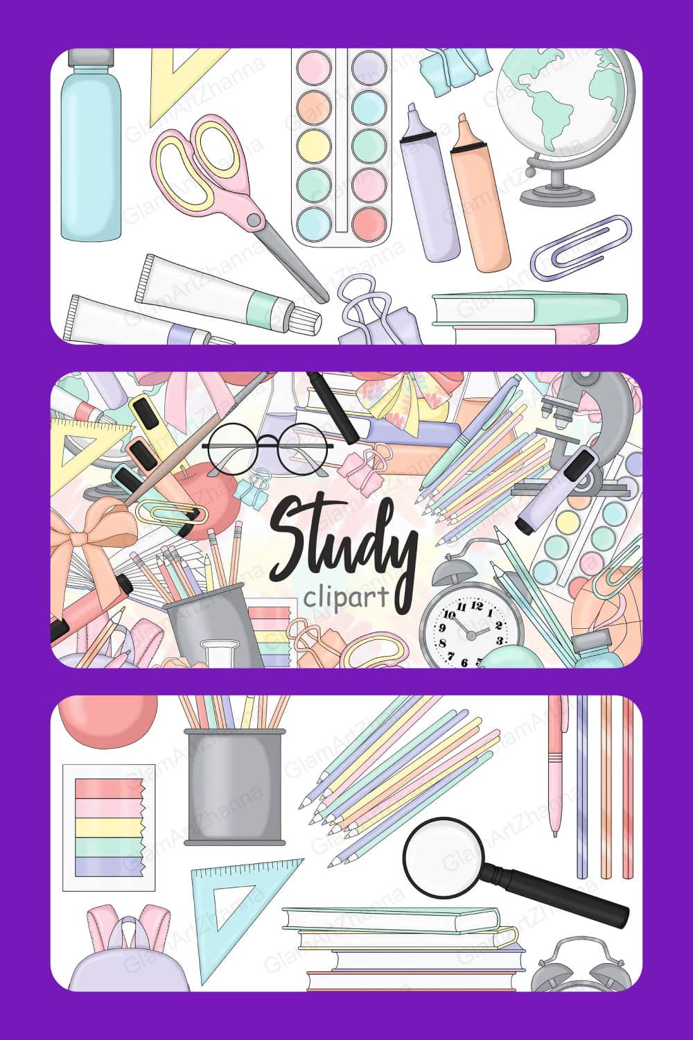 Collage with images of school supplies in muted colors.