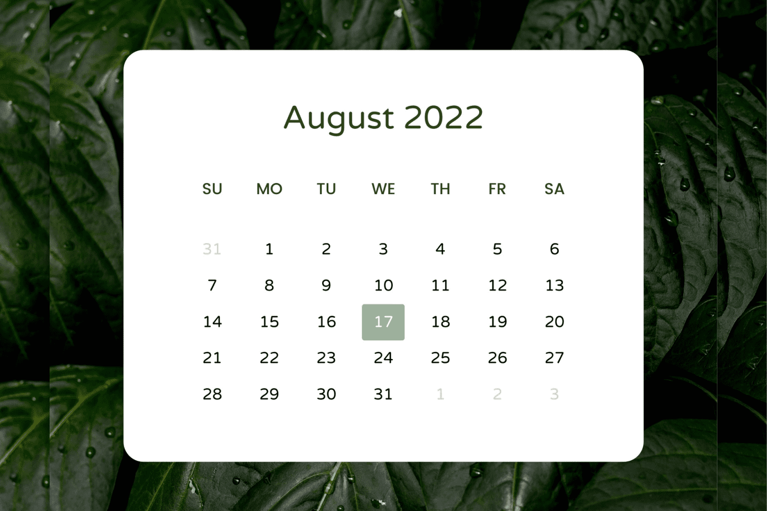 Simple white calendar on dark green leaves background.
