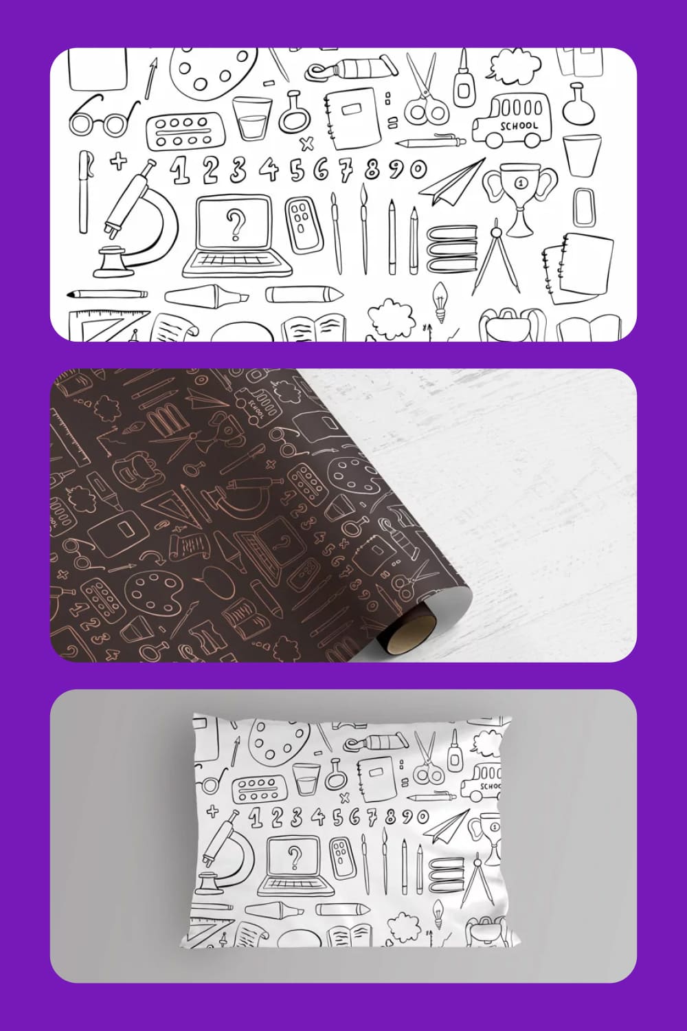 Collage of wrapping paper with school doodles.