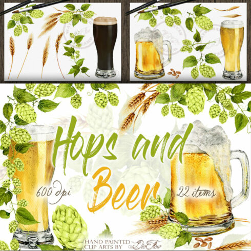 Hops And Beer Watercolor Clip Art.