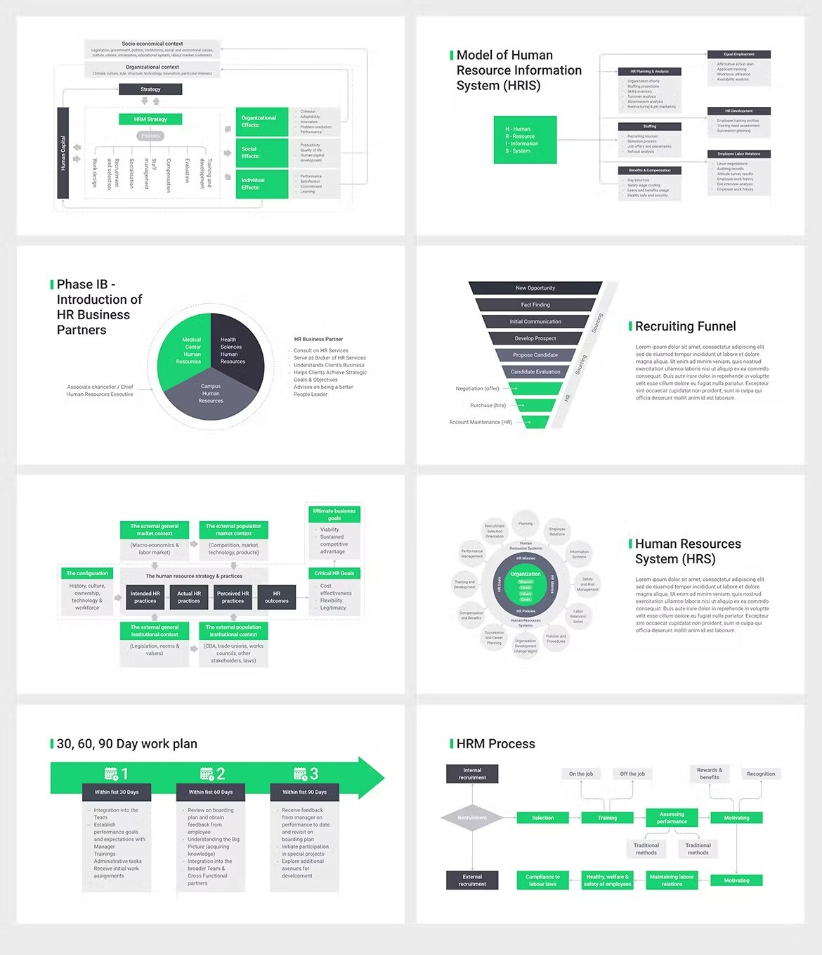 Green and grey infographics in different shapes.