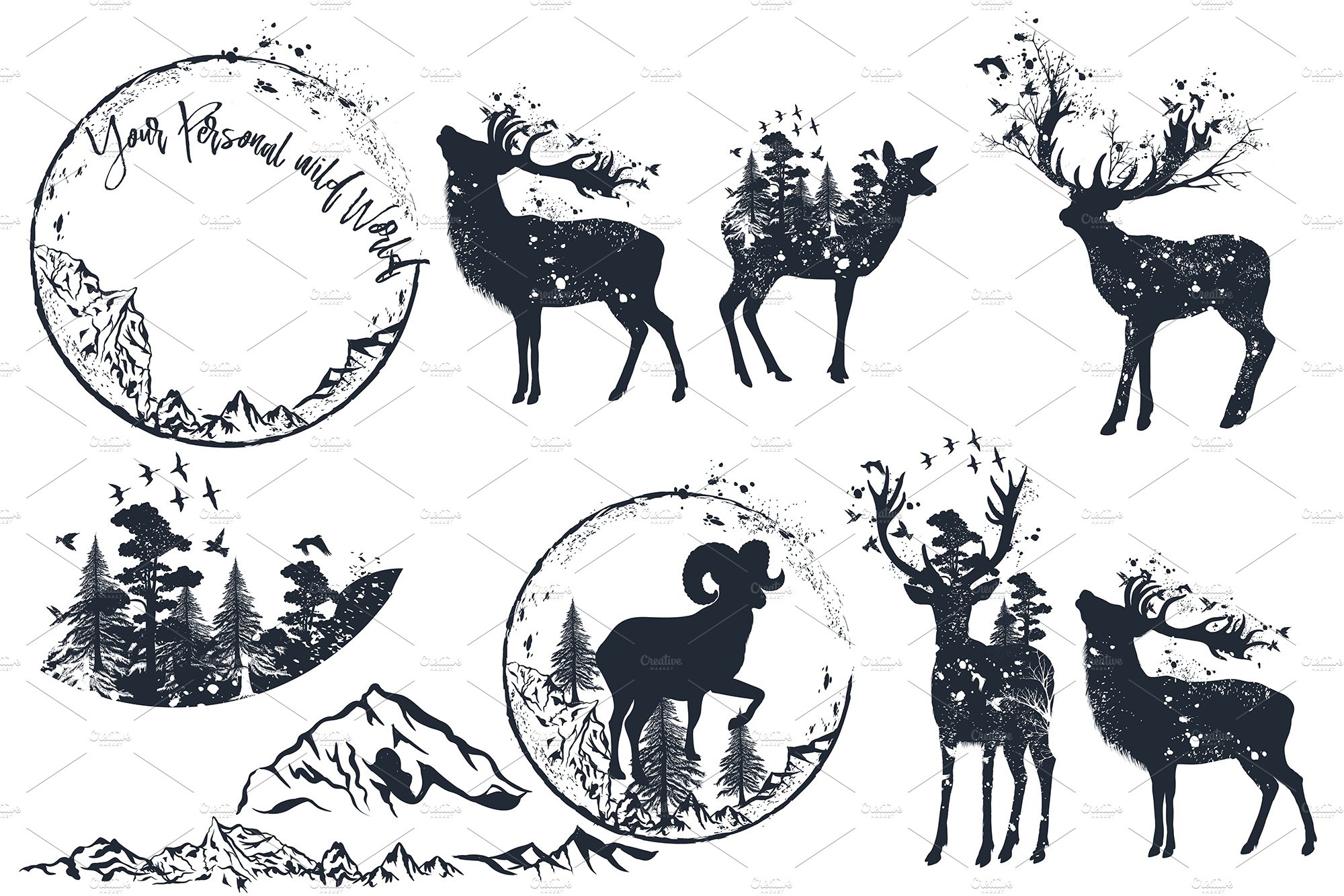 White background with black deers.