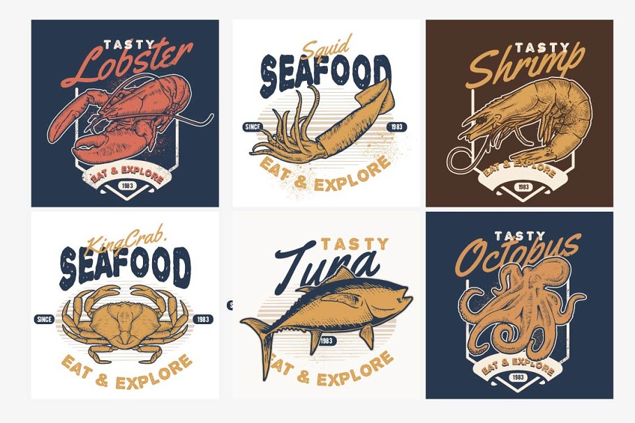 Amazing collection of colorful seafood vector packs.