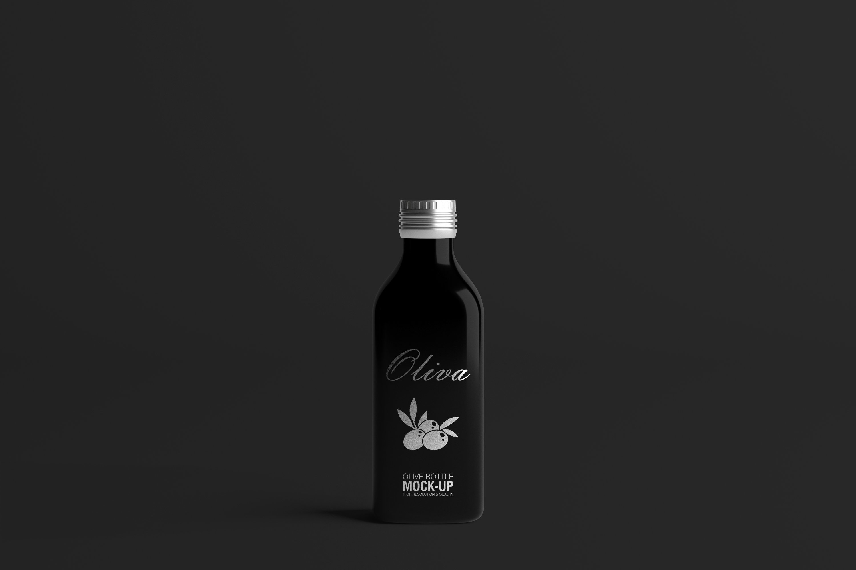 Small black bottle with glance silver olive logo.