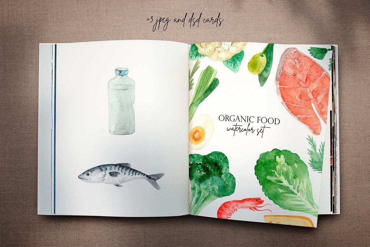 Organic Food. Watercolor Clipart Set - magazine mockup.