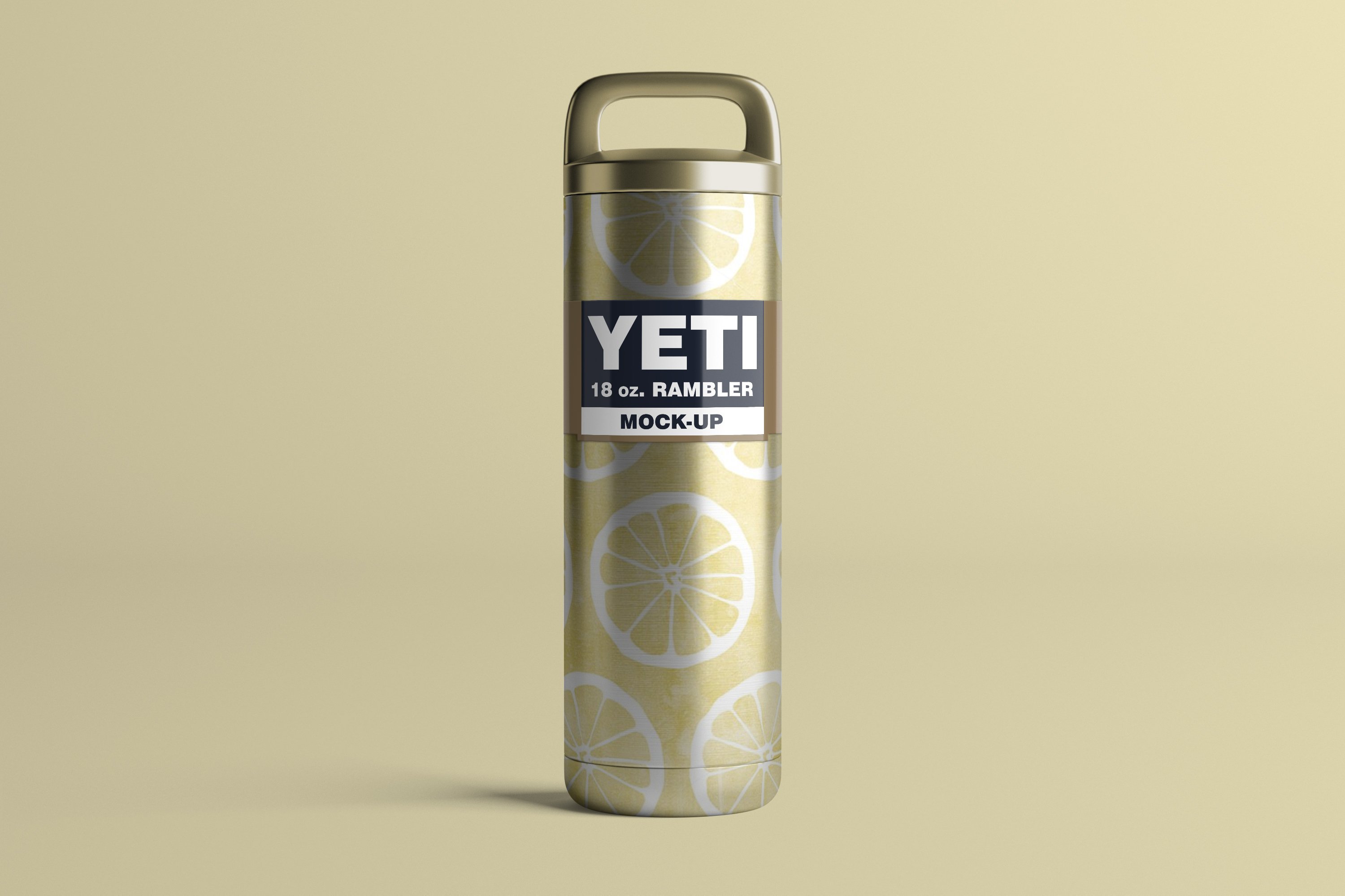 Big metal gold yeti cup for adventures with lemon prints.
