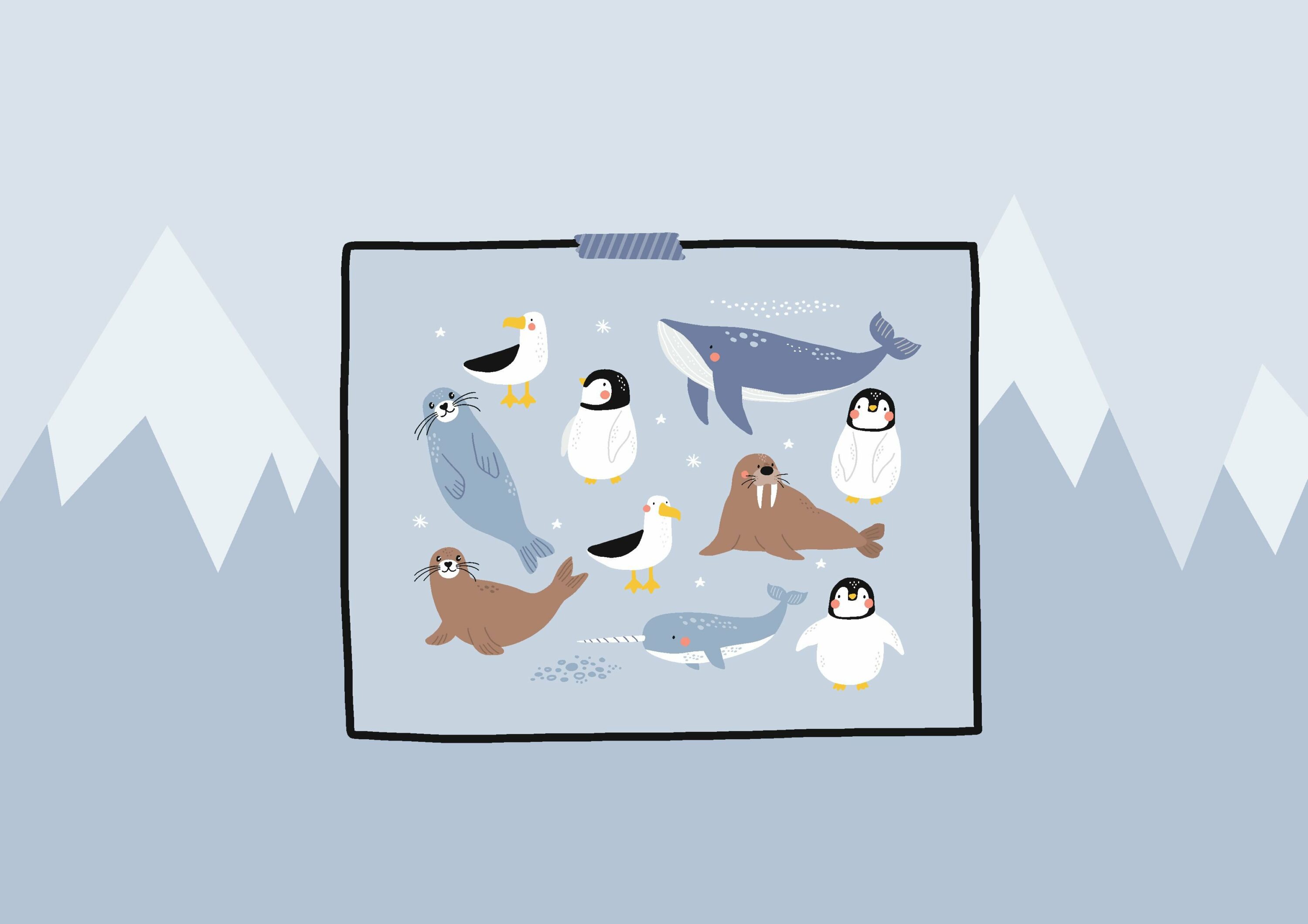 Light blue background with some polar animals.