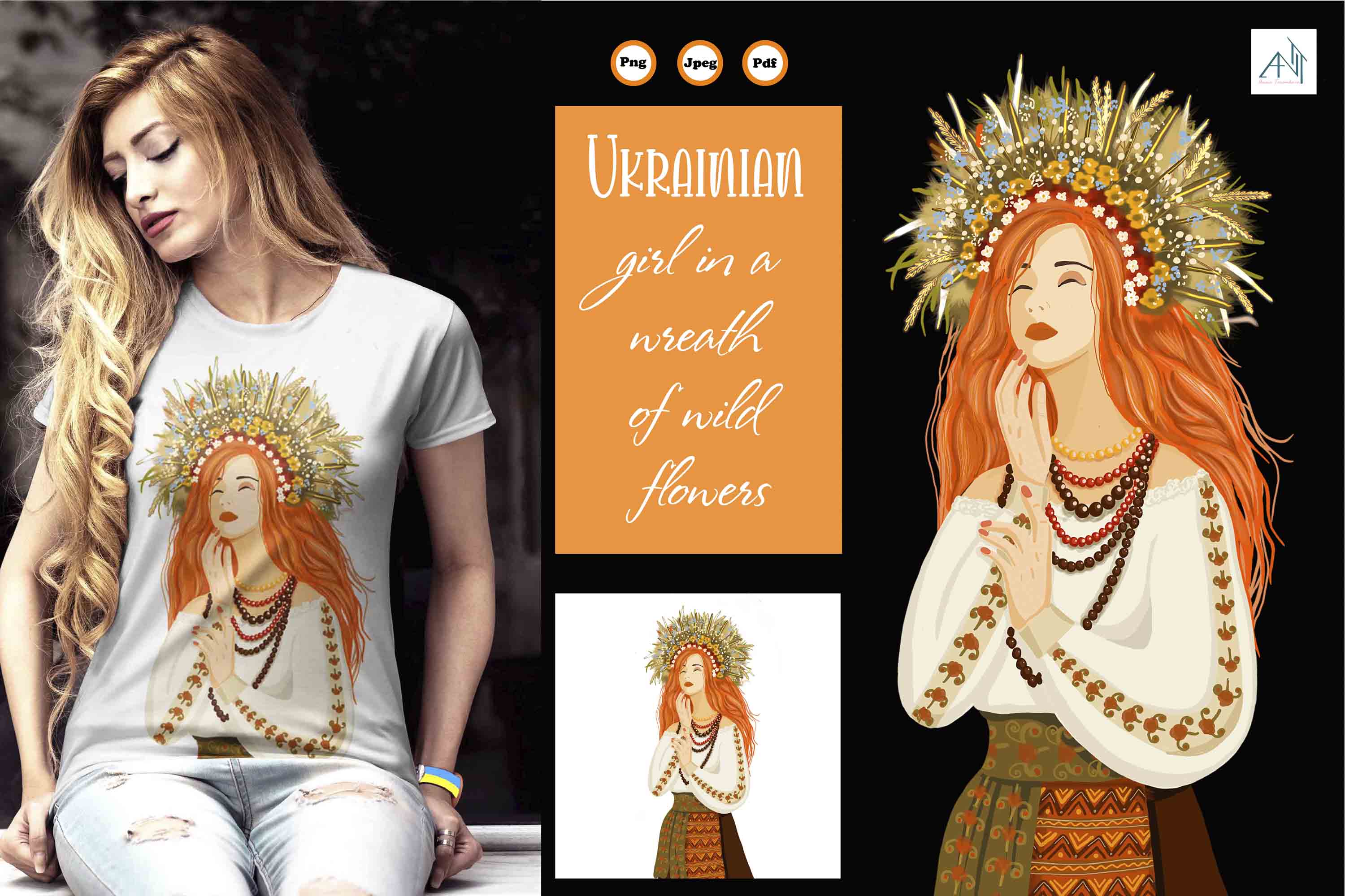 Hand drawn t-shirt. Ukrainian girl with a wreath of wild flowers facebook image.