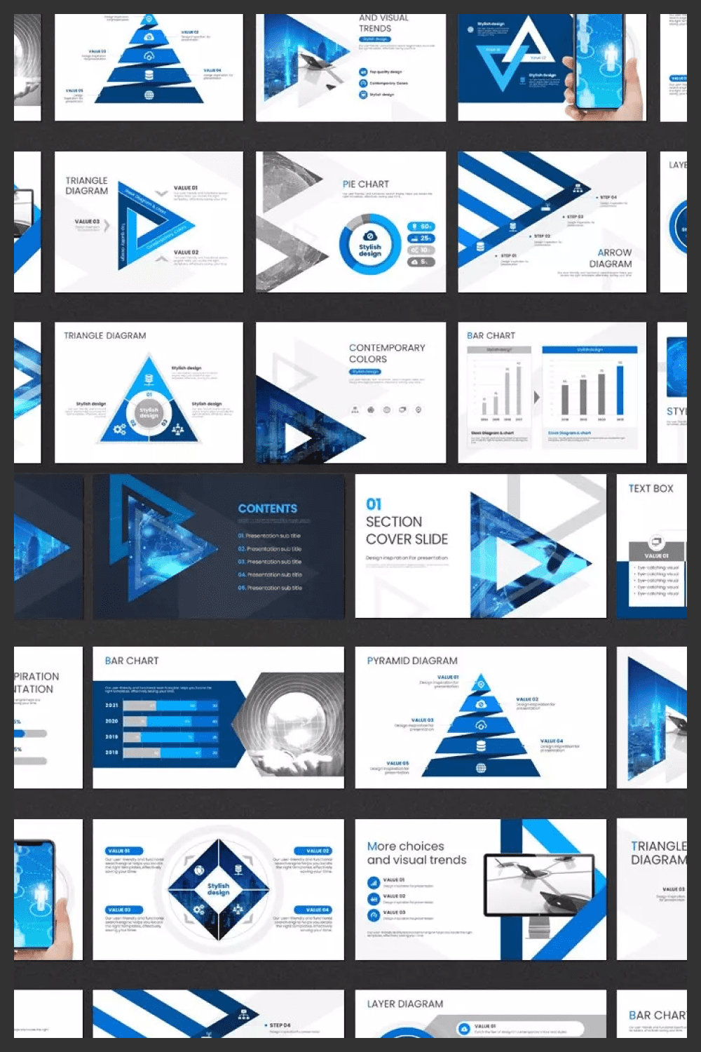 Slides collage with white background and blue geometric shapes.