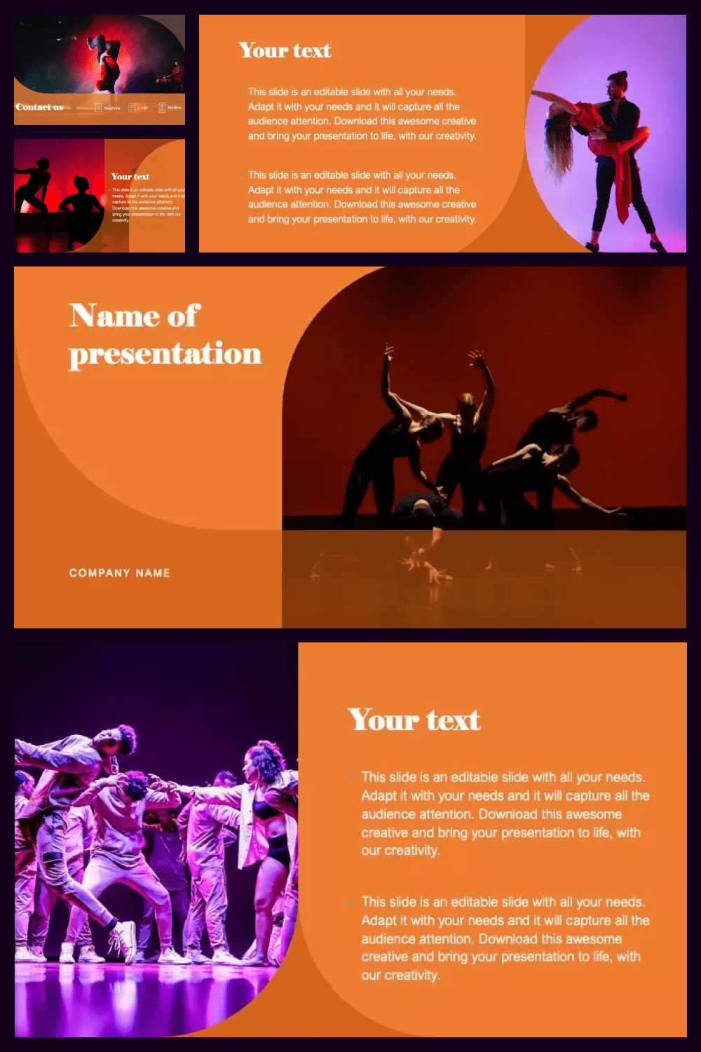 Collage of template pages with orange background and photos of dancers.