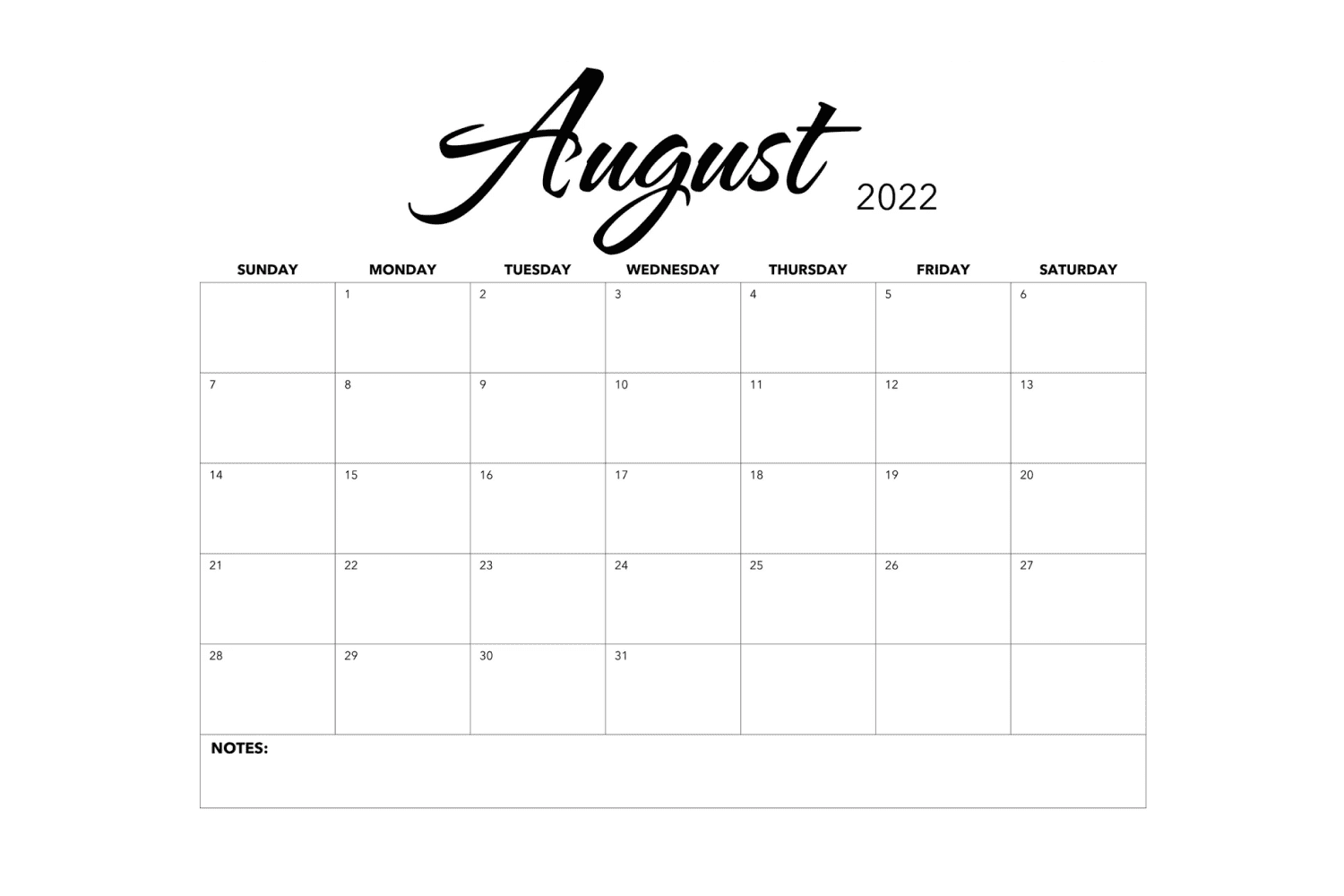 A very simple calendar in the form of a table in monochrome colors.