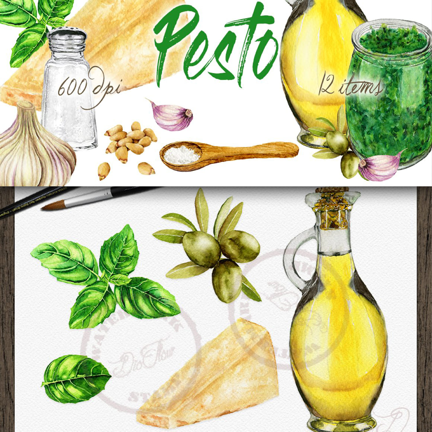 Pesto Watercolor Clip Art cover.