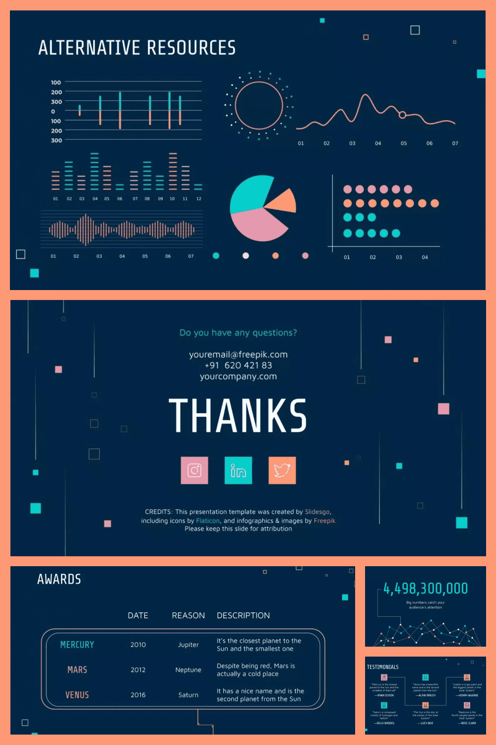 Collage of template pages with blue background and color infographics.