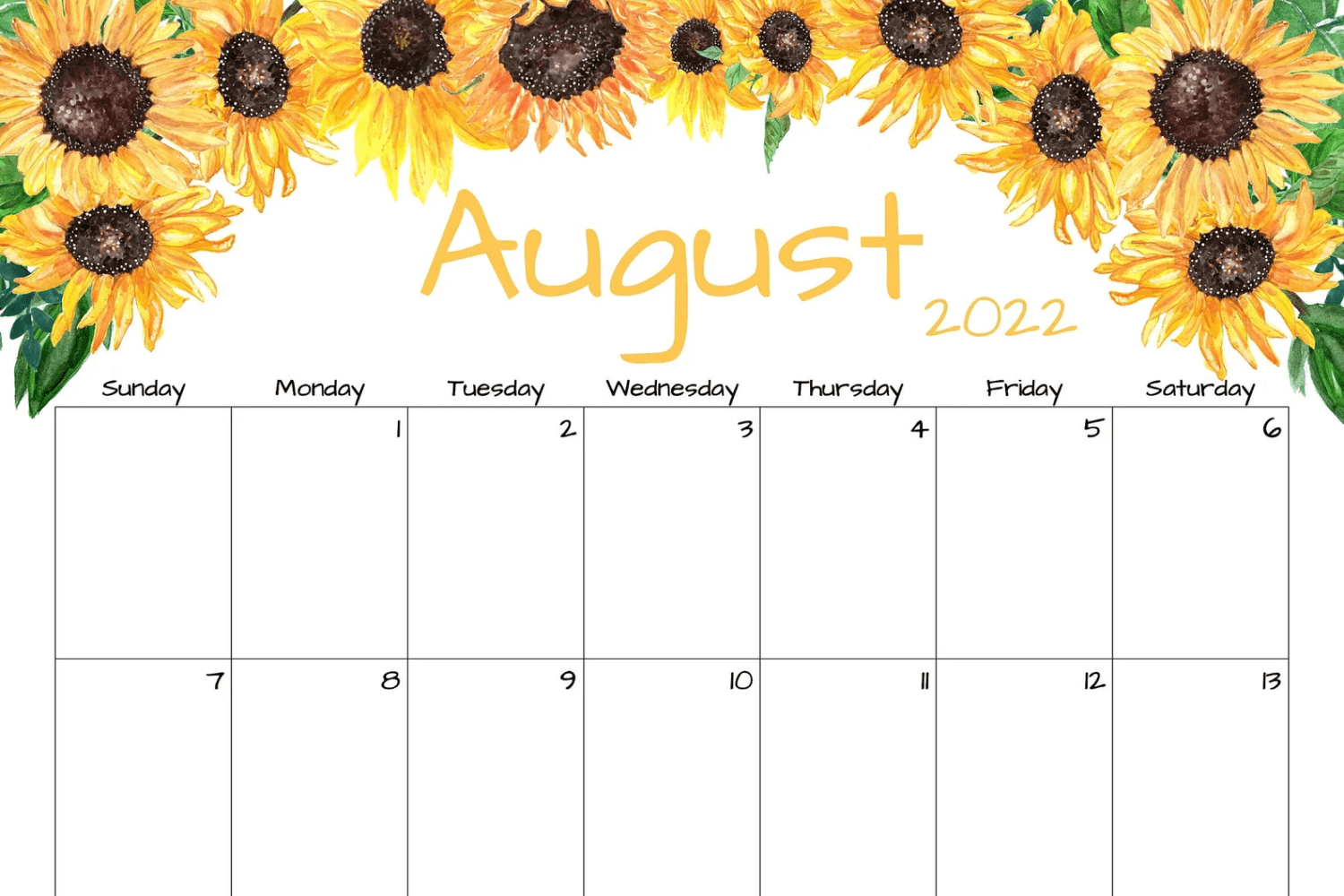 August calendar with drawn sunflowers.