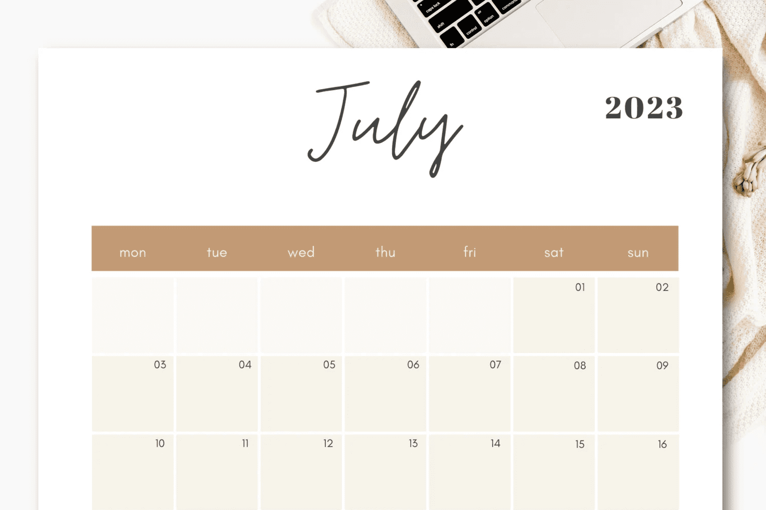August calendar in beige colors.