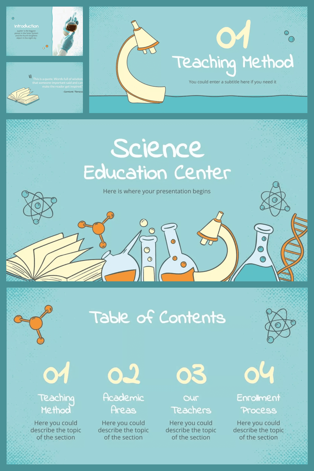Collage of template pages with hand-drawn scientific illustrations on blue background.
