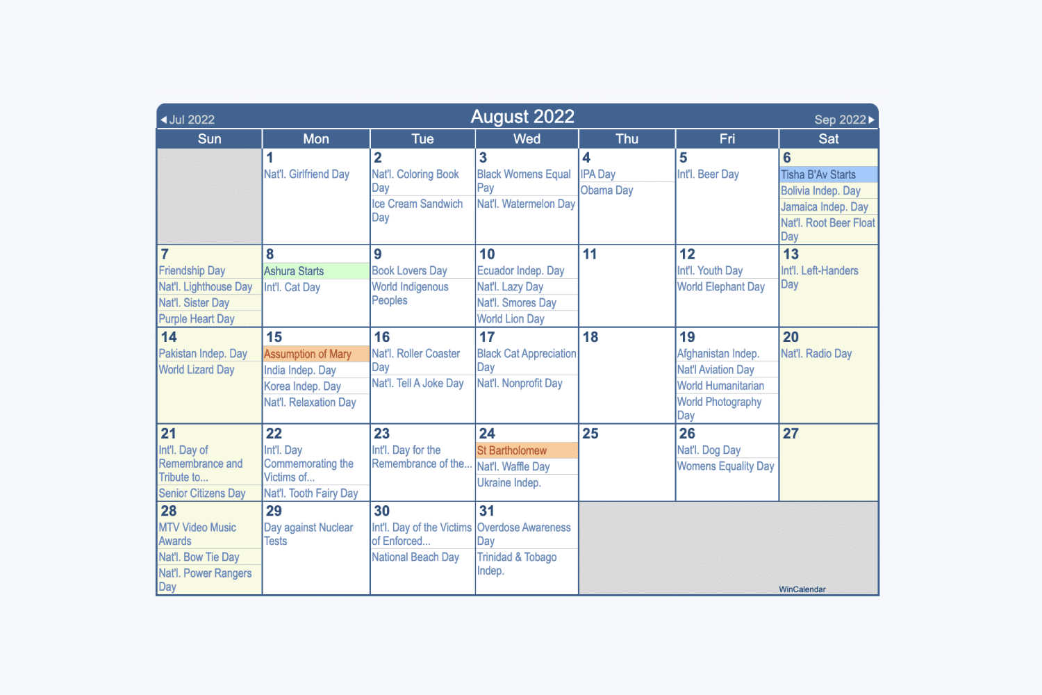 Calendar for August with a complete list of holidays in the USA.