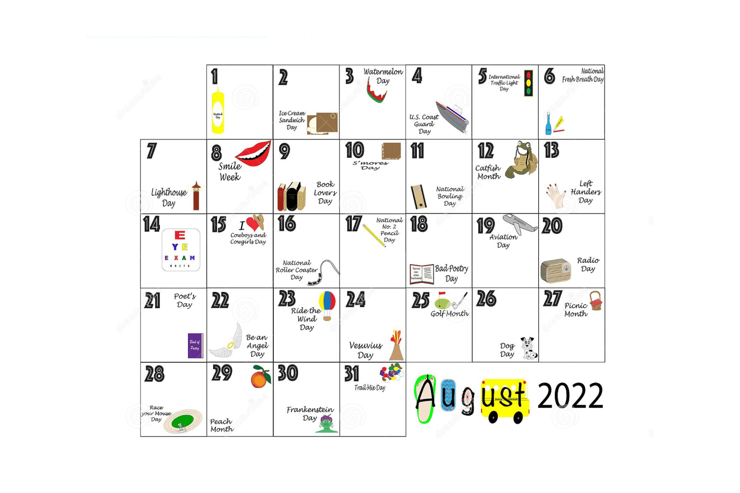 Calendar for August with holidays in the form of corresponding clipart.
