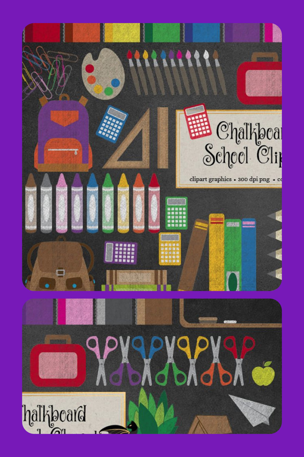 Crayons, scissors and school supplies drawn with colored crayons.