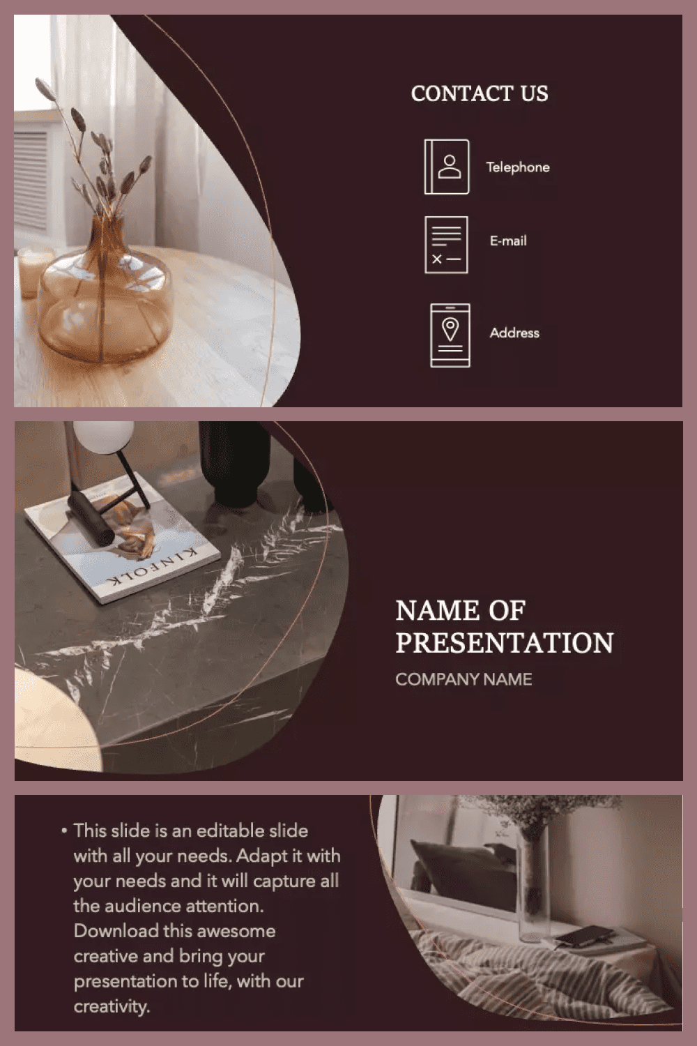 Collage of template pages with burgundy background and photos of hotel design elements.