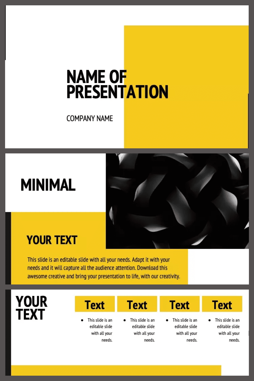 Collage of template pages with white and yellow backgrounds with large black text.