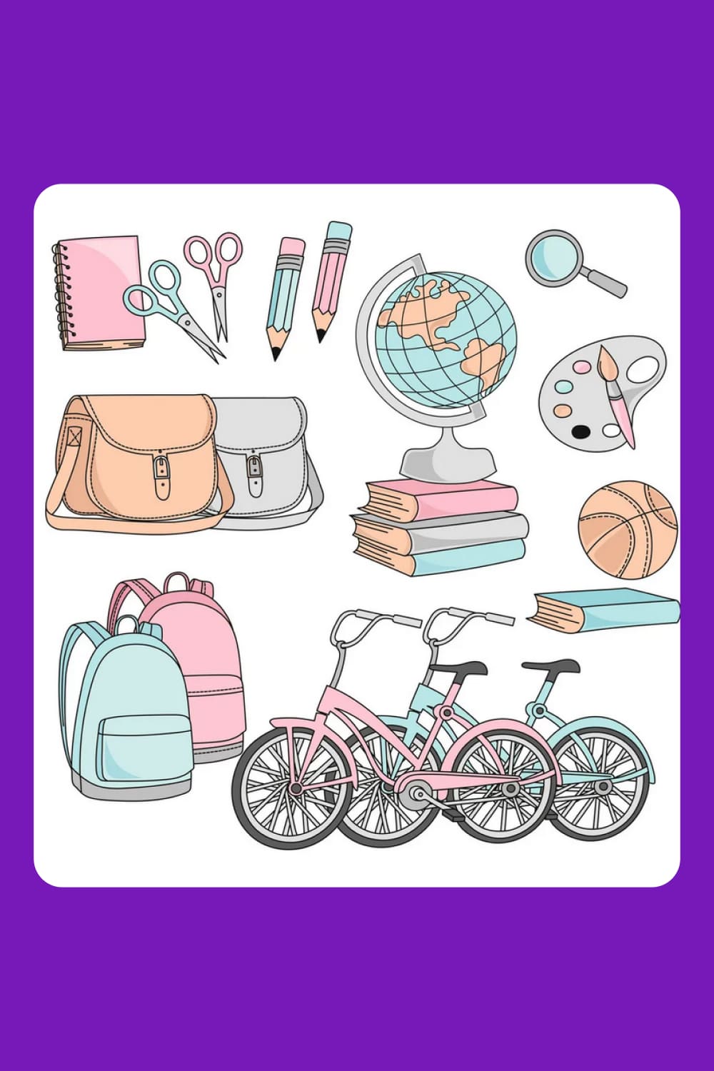 Collage of drawn bicycles, backpacks and school supplies.