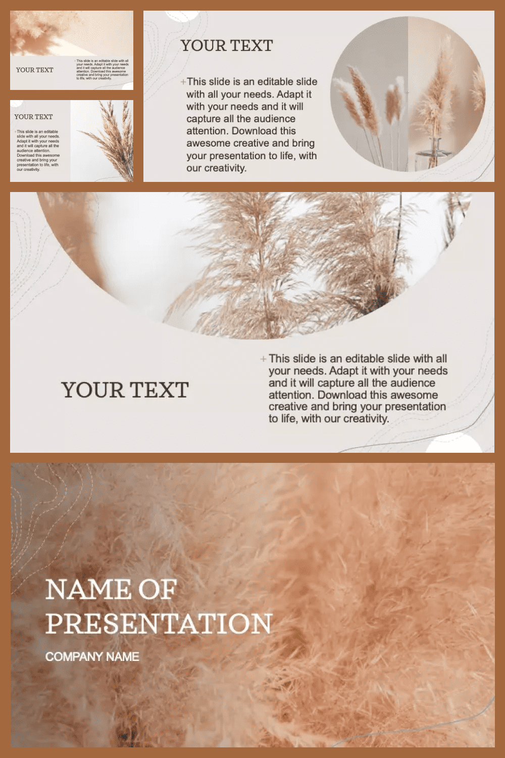 Collage of template pages with brown background and photos of wheat and trees.