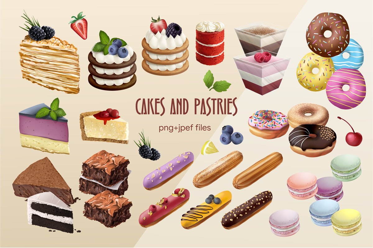 Colorful and tasty cakes and pastries illustrations.