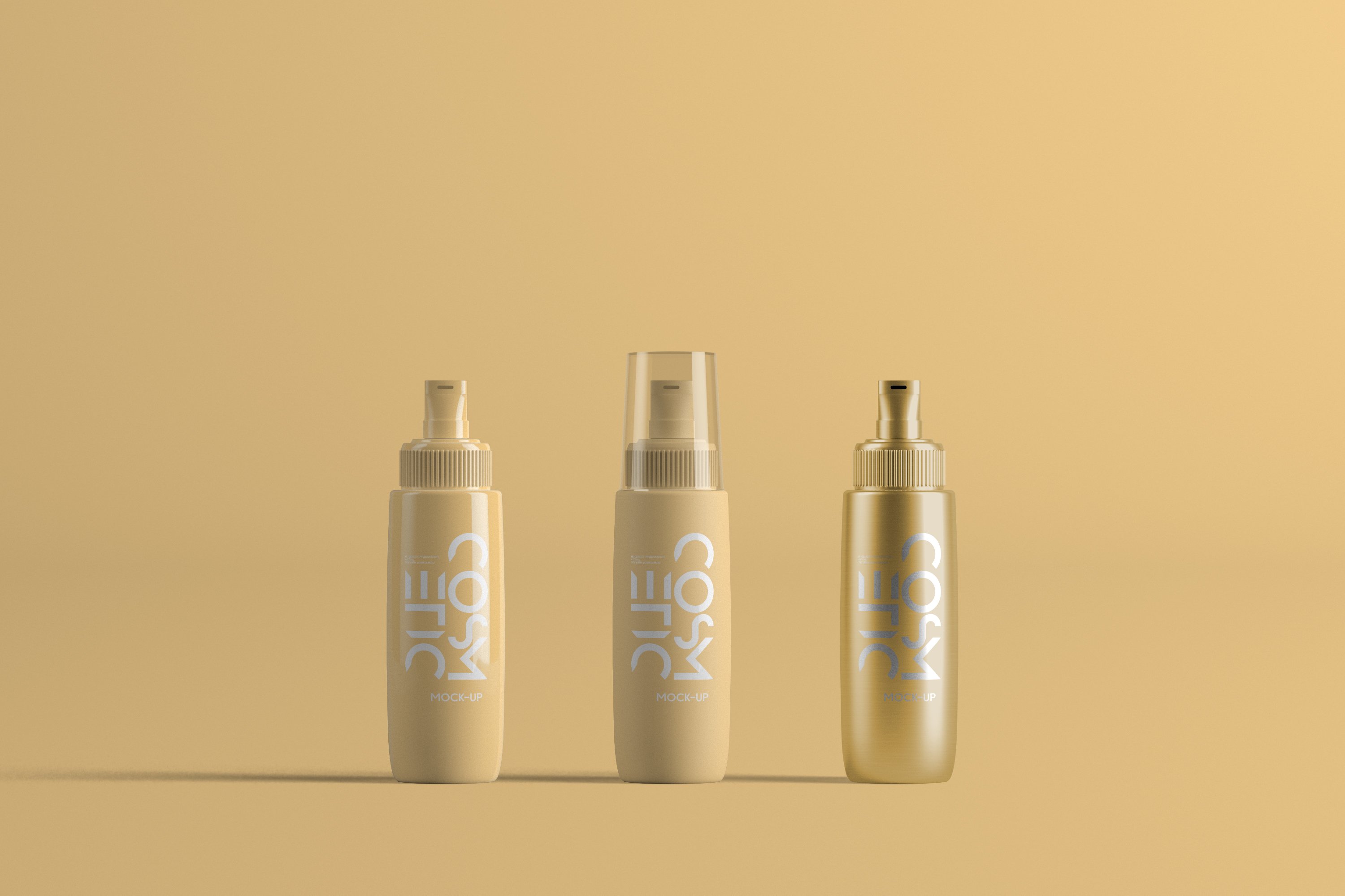 Three options of pastel cosmetic bottles.