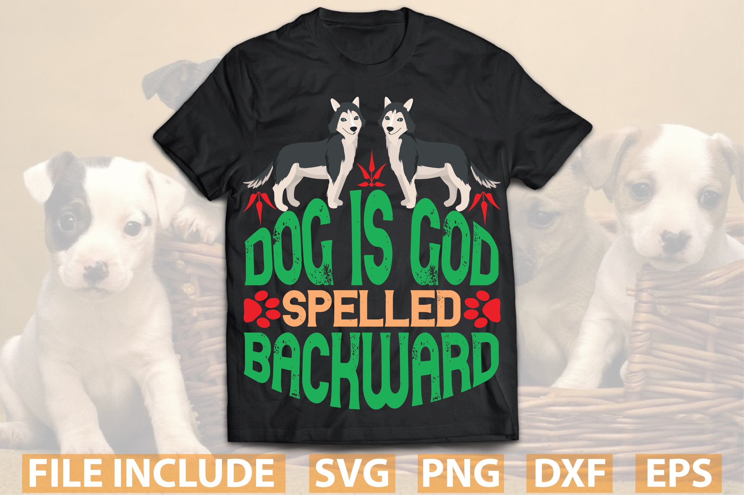 Two dogs and green font on a black t-shirt.