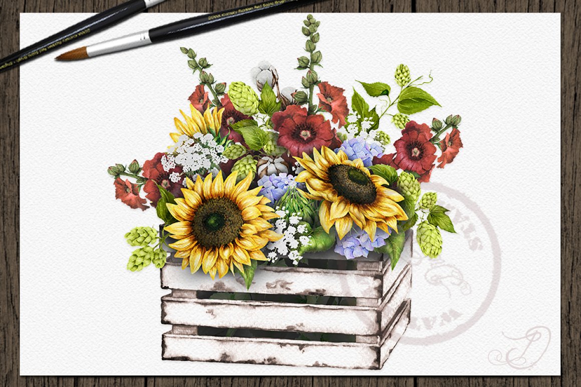 Stylish watercolor summer flowers with vintage books.